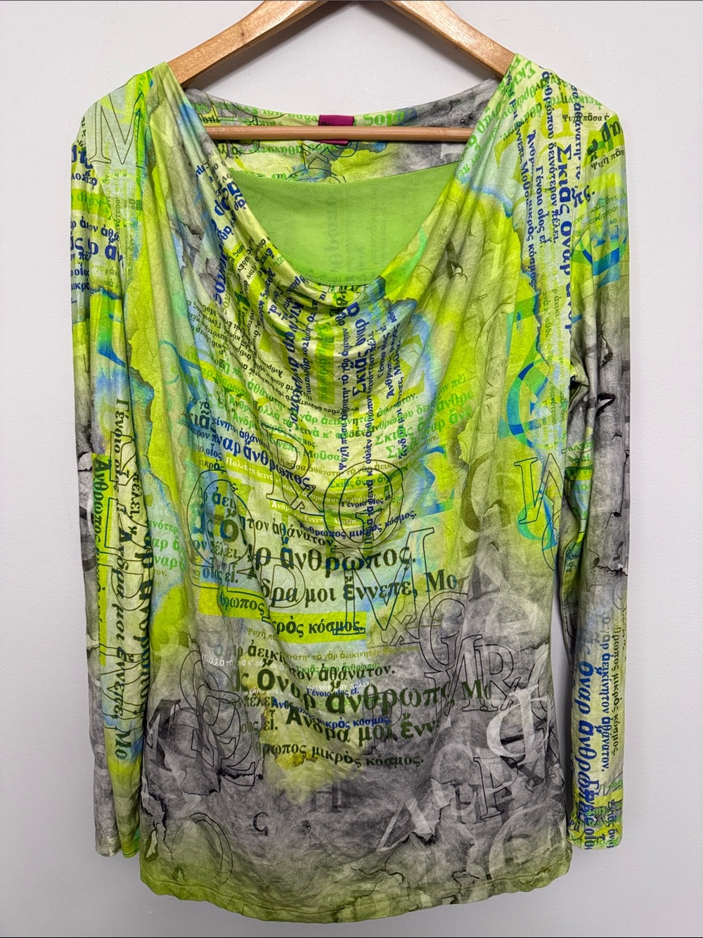 Save The Queen Lime Green Printed Draped Neck Long Sleeve Top